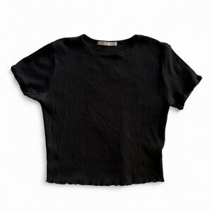 Active USA Black Ribbed Lettuce Trim Baby Tee Small